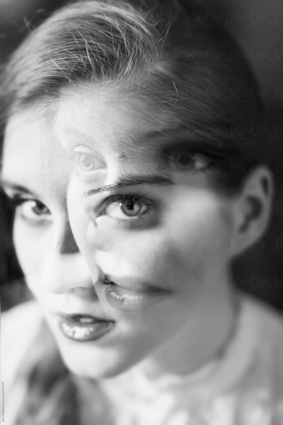 double exposure,black and white portrait of a girl,imagination