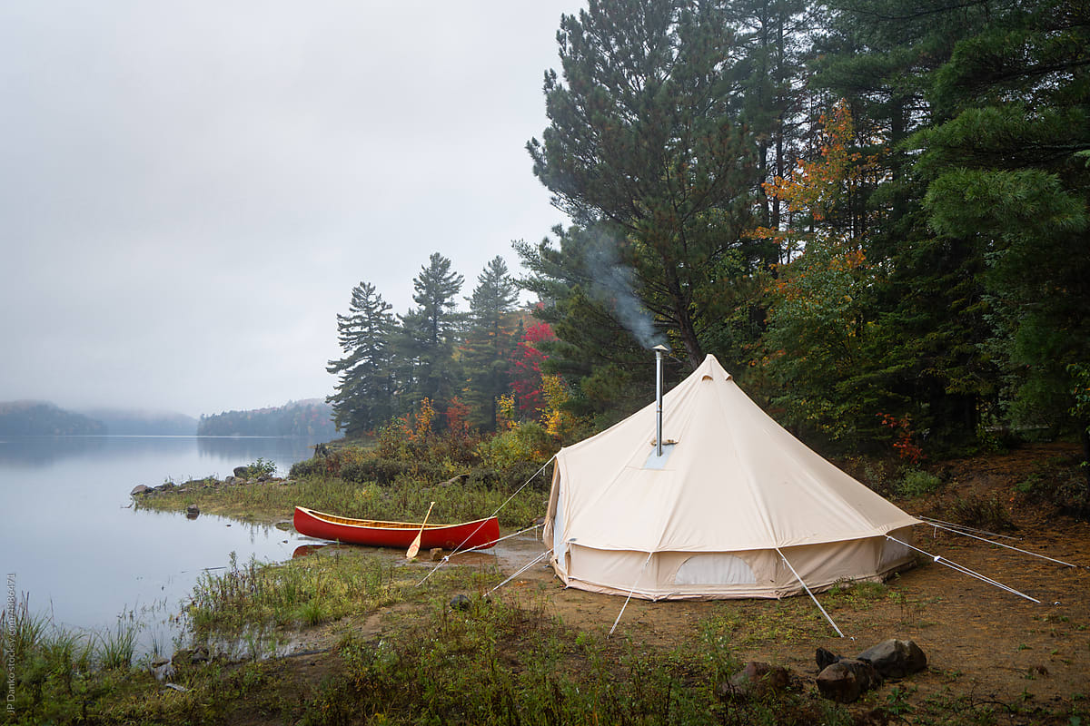 Raining Autumn Campsite Bell Tent Canoe Trip