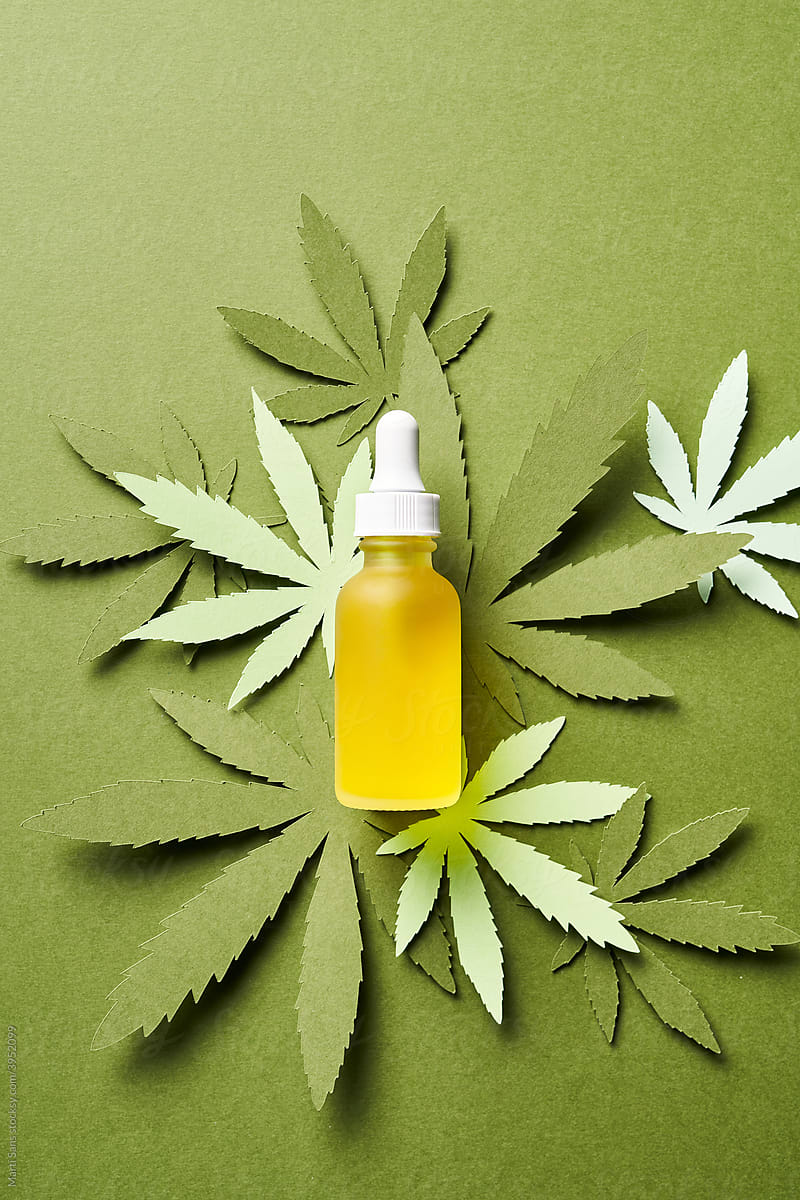 CBD oil in bottle with cannabis leaves.