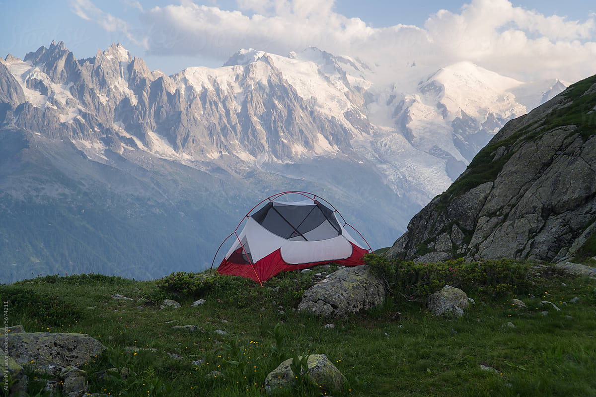 Camping Tent on the background of Mont Blanc mountain