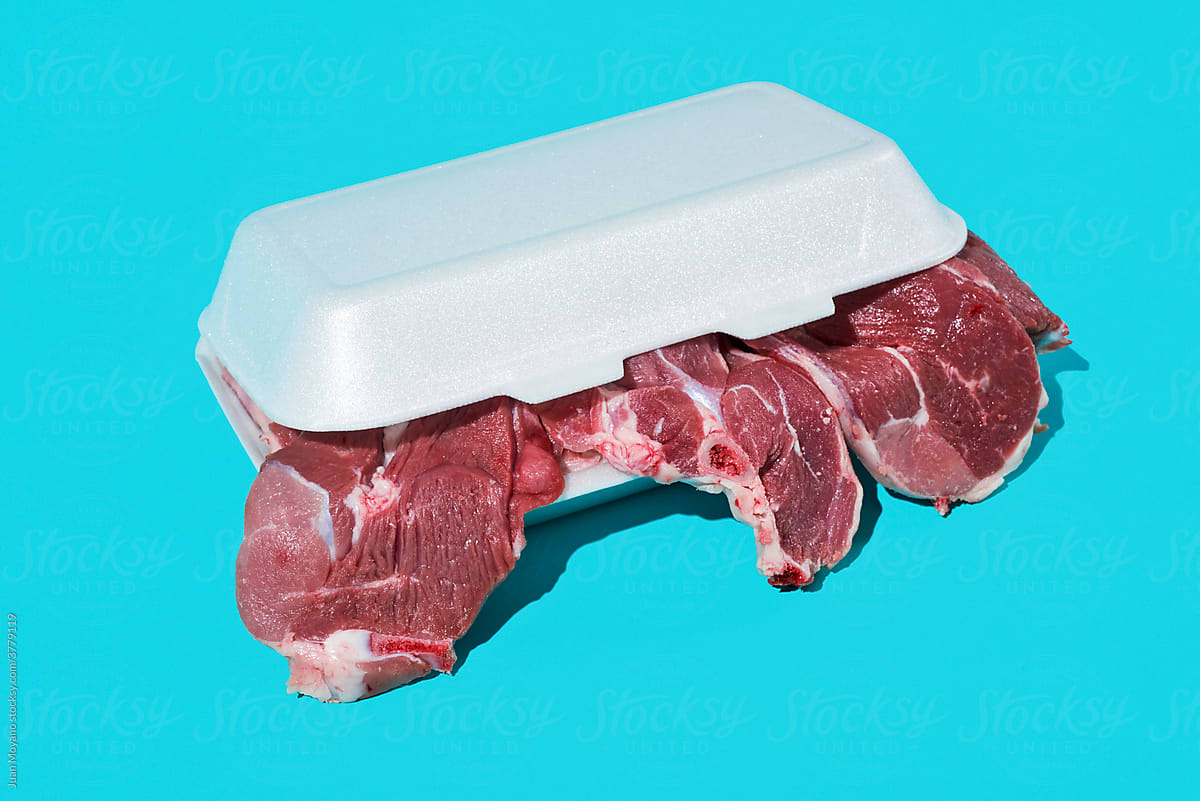 raw lamb leg steaks in a foam box