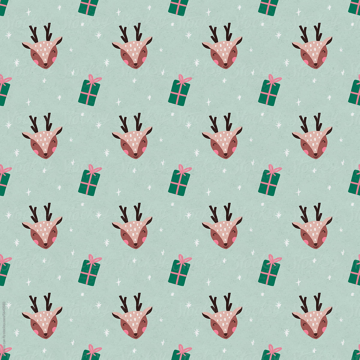 Cute reindeer with gift seamless pattern. Christmas illustration