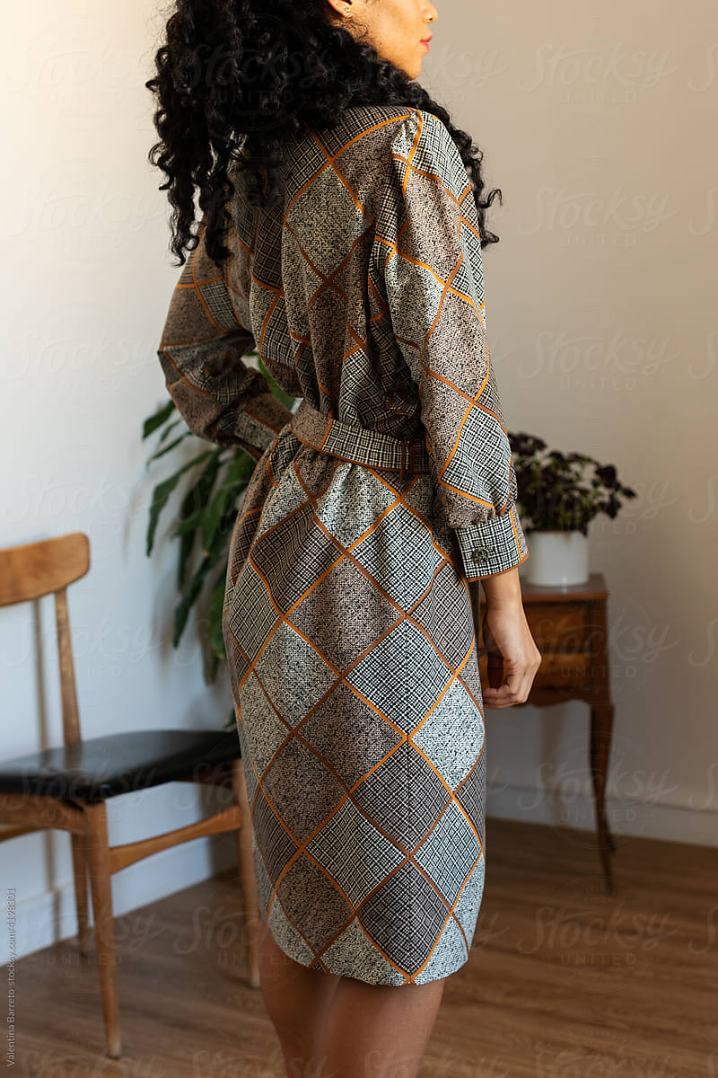 Woman in vintage geometric dress