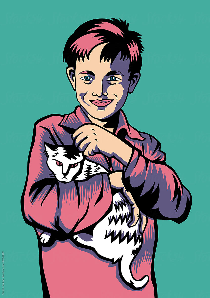 Boy holding cat pet