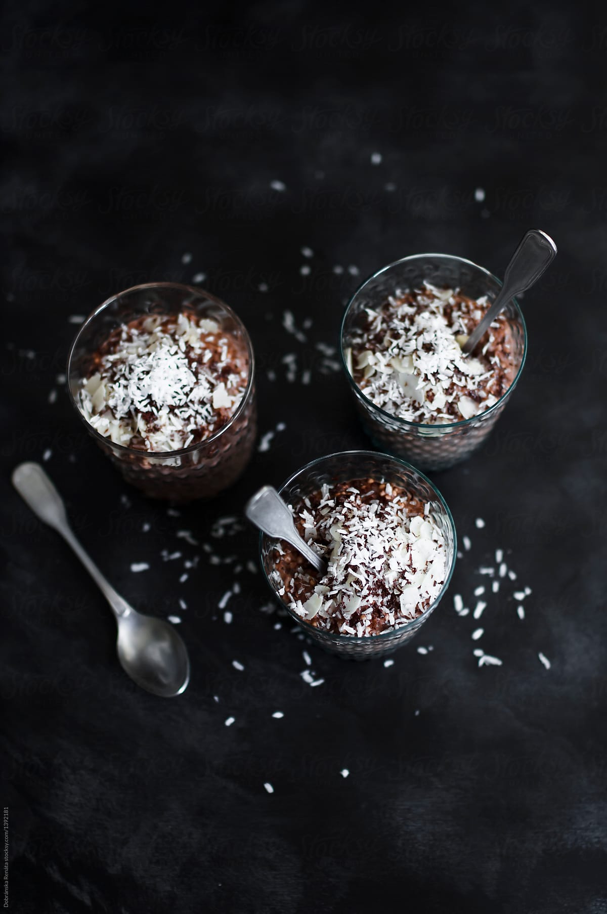Chocolate tapioca pudding with coconut and almond.