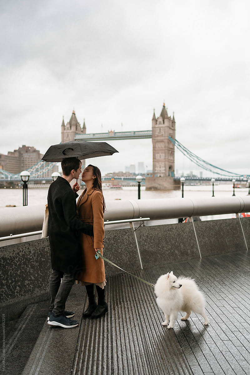 A couple with their dog in London on a rainy day