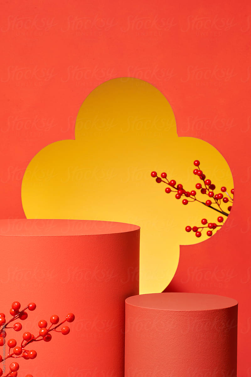 cylinder podium product display for lunar new year with red background