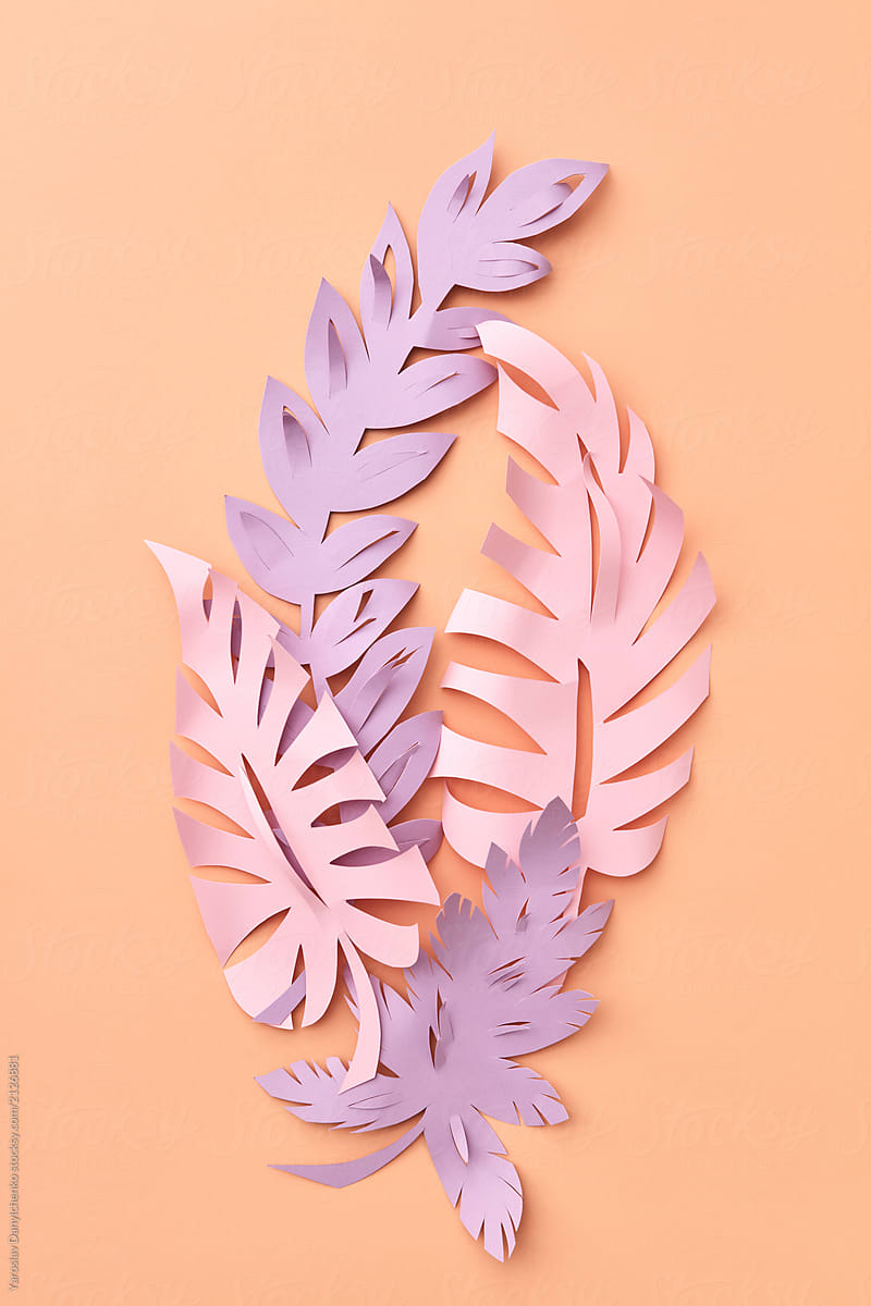 Creative decorative handmade leaves from pink and lavender paper