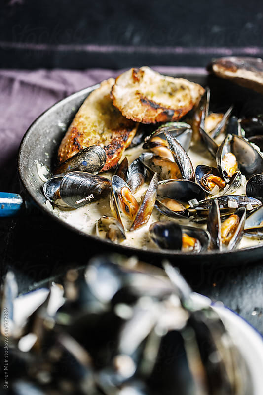 Cooked Mussels In A Creamy Garlic And White Wine Sauce By Darren Muir