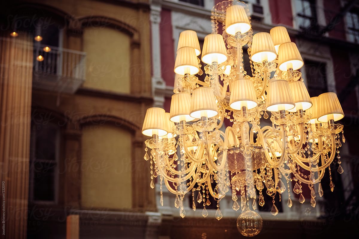 Luxury Chandelier Lighting with Reflections of Buildings