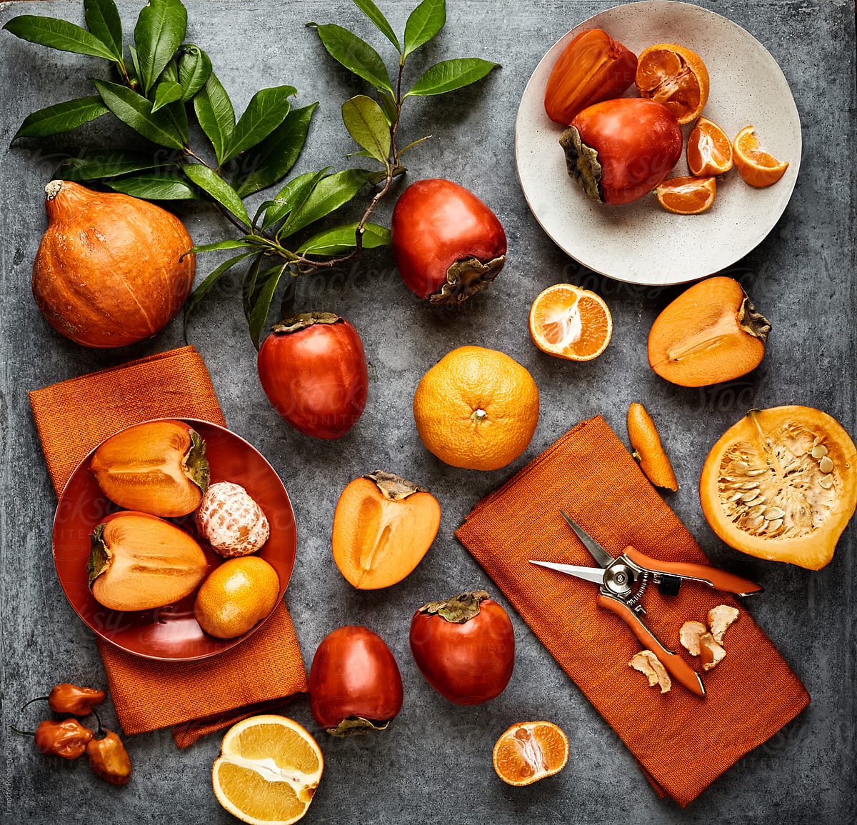 Still life of various orange colored fruits and vegetables on concrete