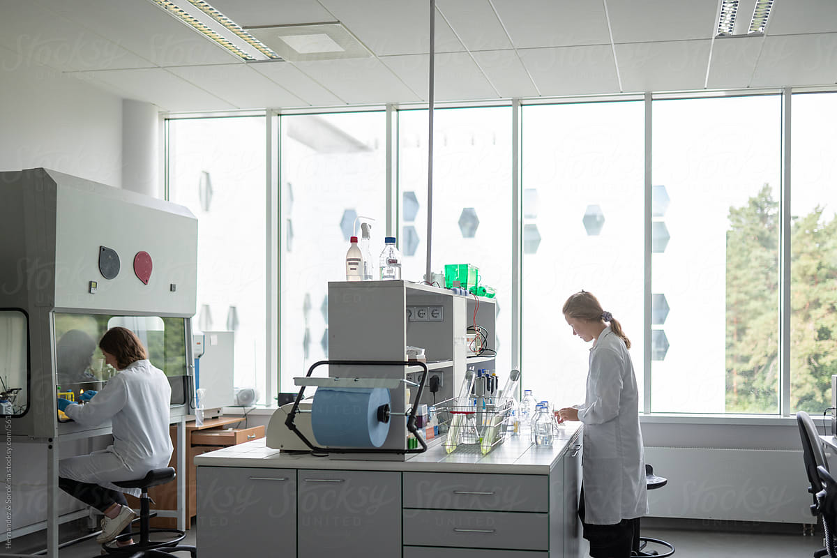 Scientists Working In Modern Spacious Laboratory