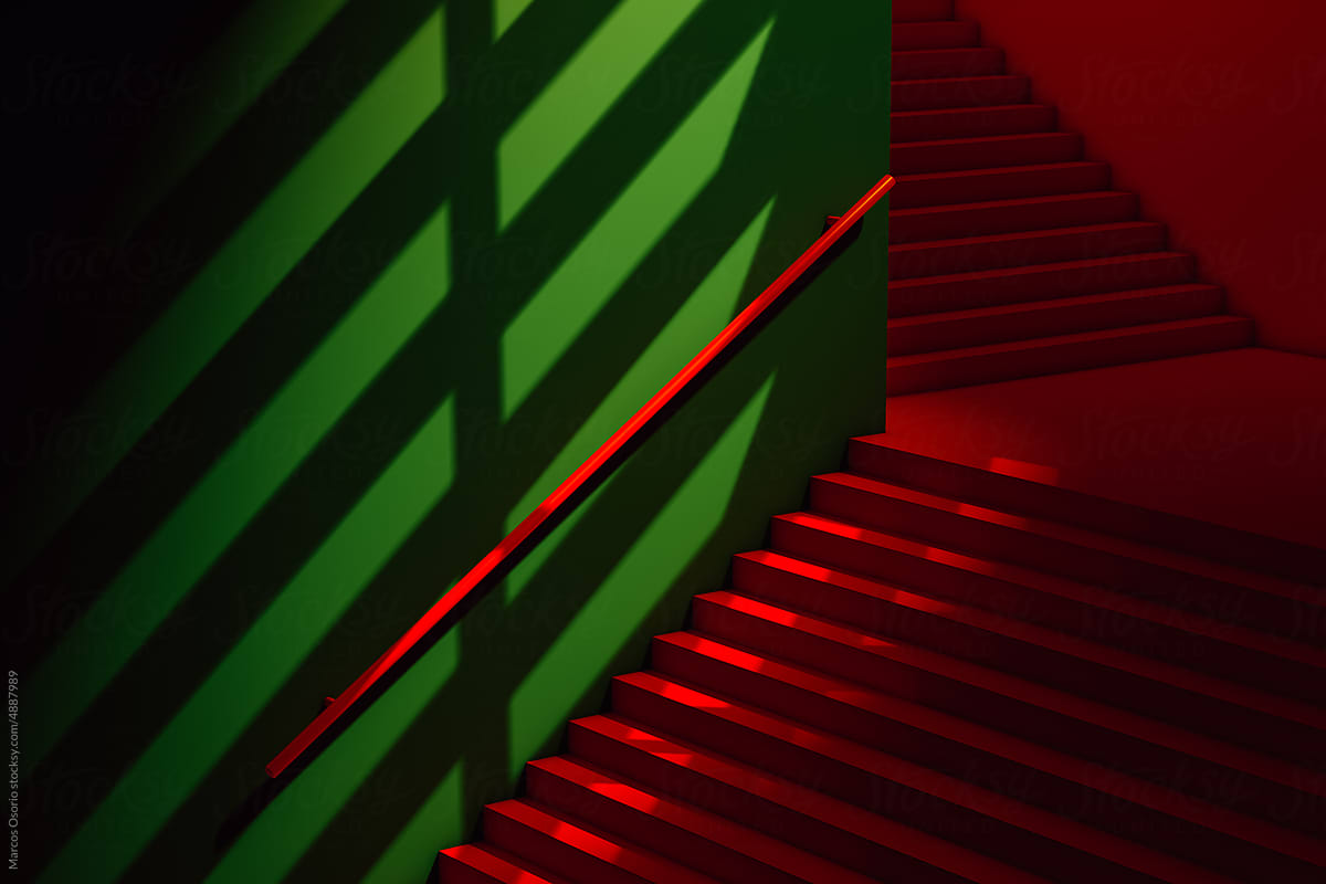 Interior with some red stairs and green chair