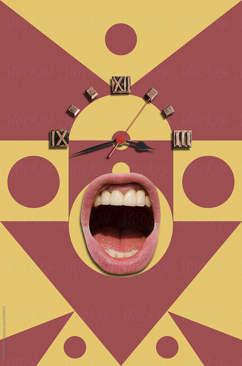 Contemporary collage with open mouth and clock face