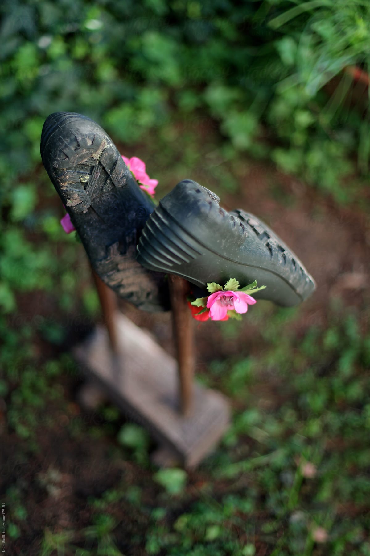 Overhead sight of flowered rubber garden shoes