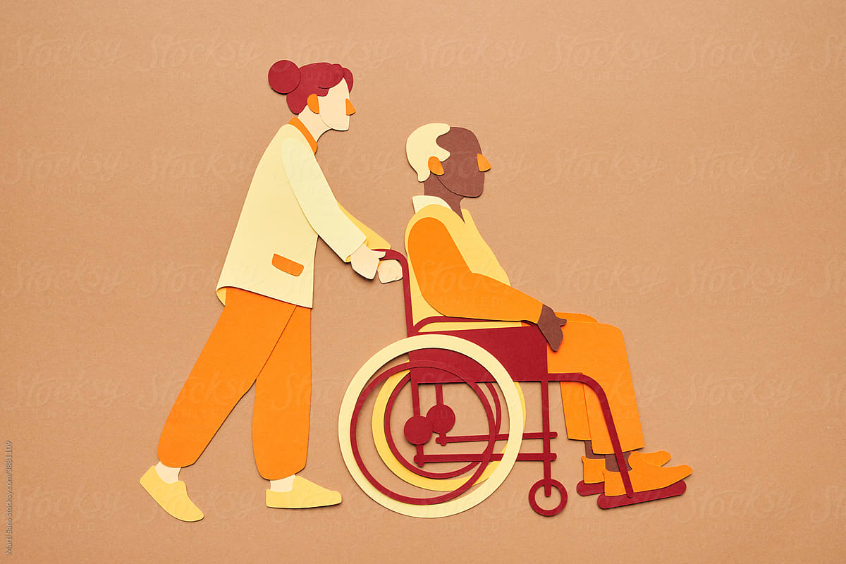 Cartoon woman with man in wheelchair vector illustration