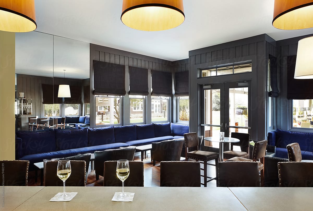 Bar and lounge at upscale restaurant with wine glasses