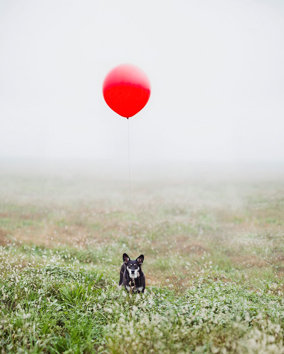 Little dog stands in foggy field with big red balloon floating above her as a leash