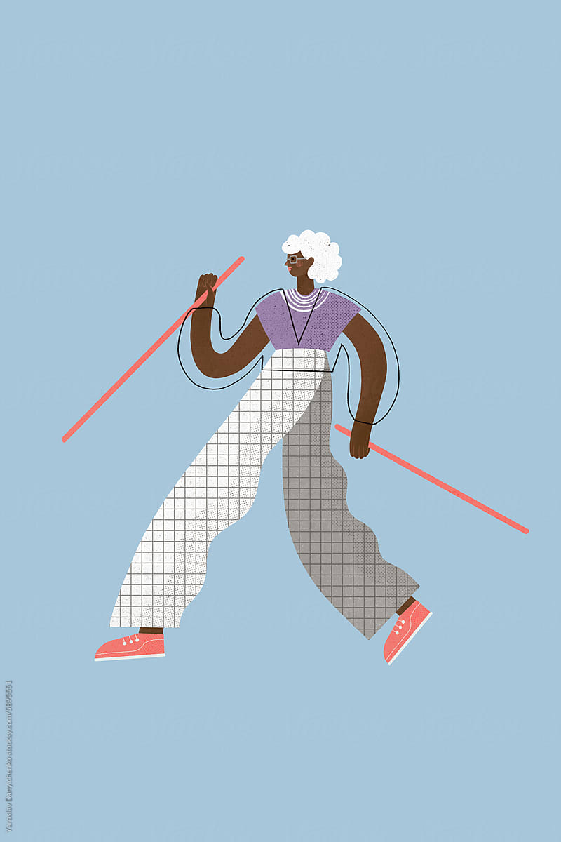 Retired black woman doing scandinavian walking with sticks outdoors