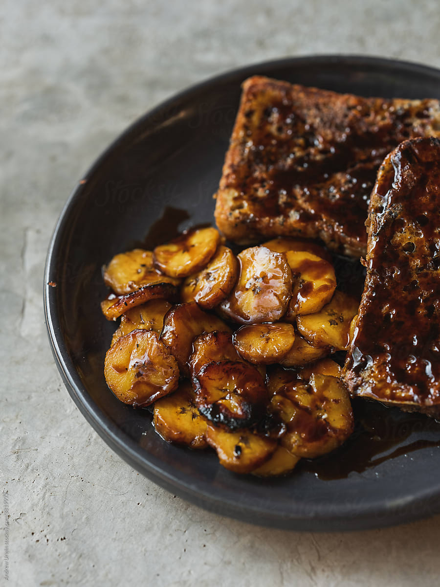 French toast with fried plantain and caramel sauce.