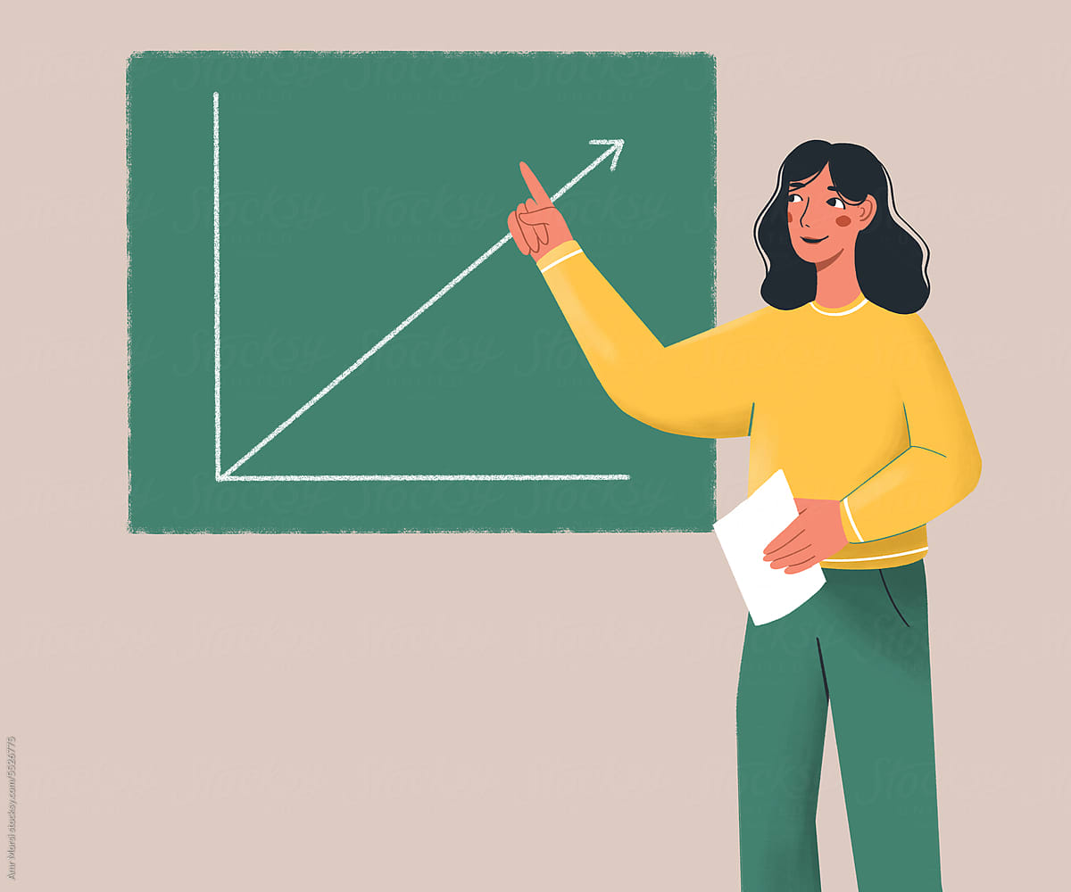 An illustration of a teacher explaining a concept on the blackboard