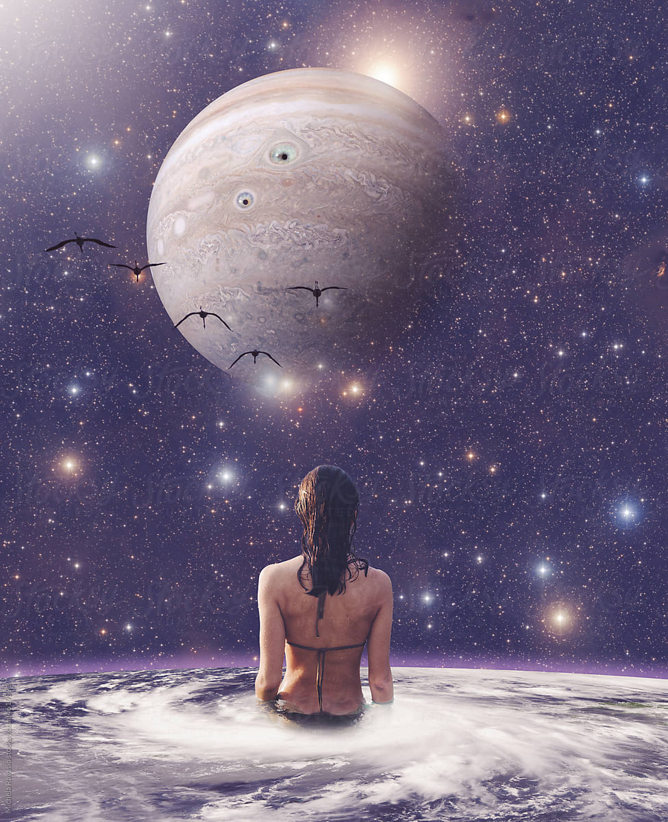 Woman taking a bath with Jupiter in front