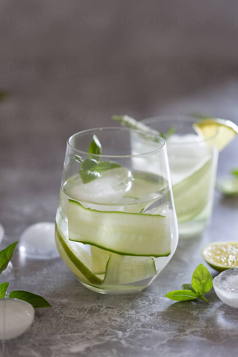 Refreshing cucumber water with mint and basil