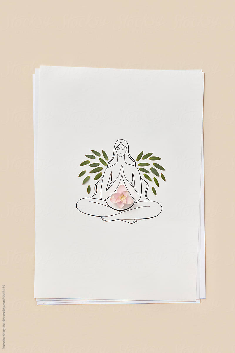 Line art of pregnant woman meditating with flower on belly