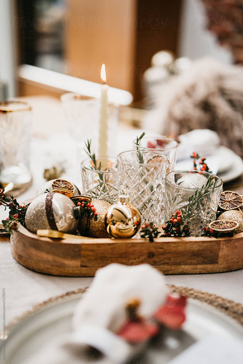Close up of a Christmas table with glasses