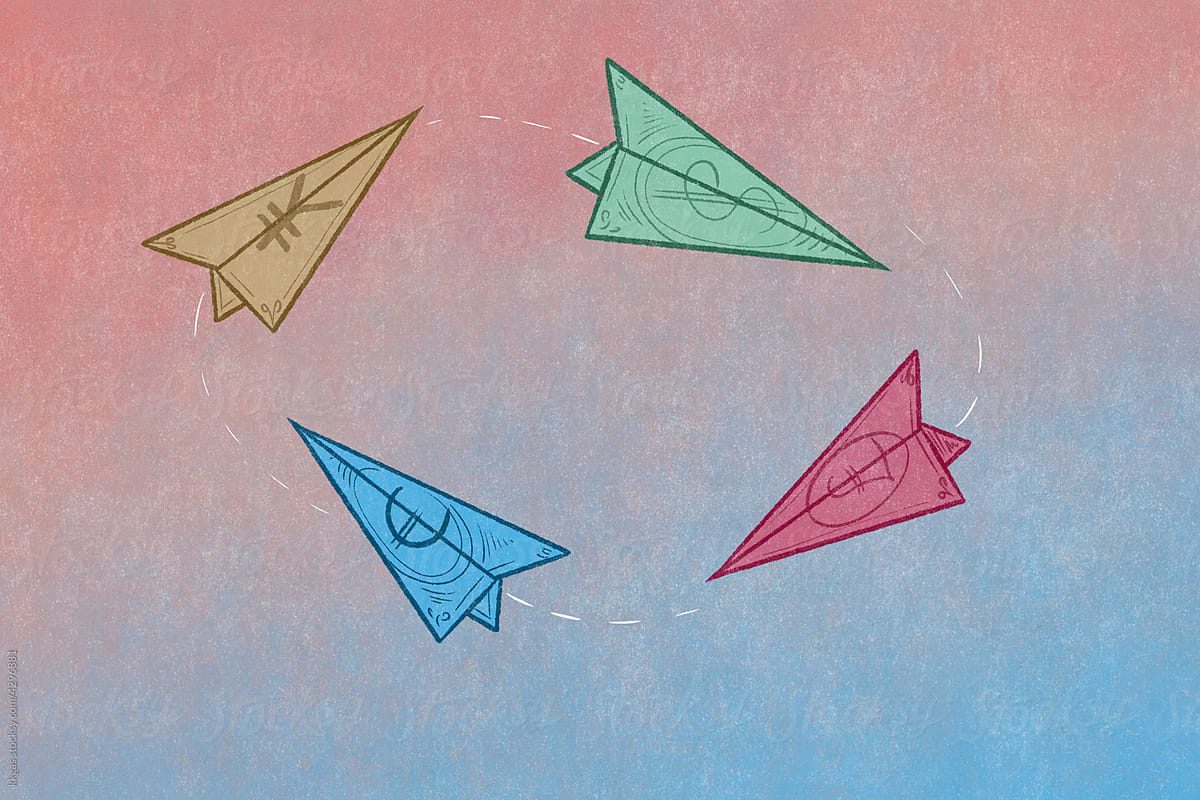 Paper planes made from different currencies,