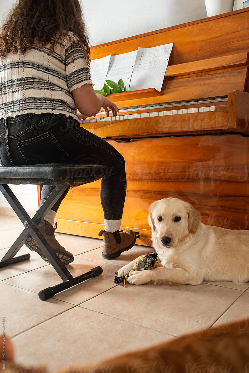 Young Woman Playing Piano at Home, Pet Dog Listening.