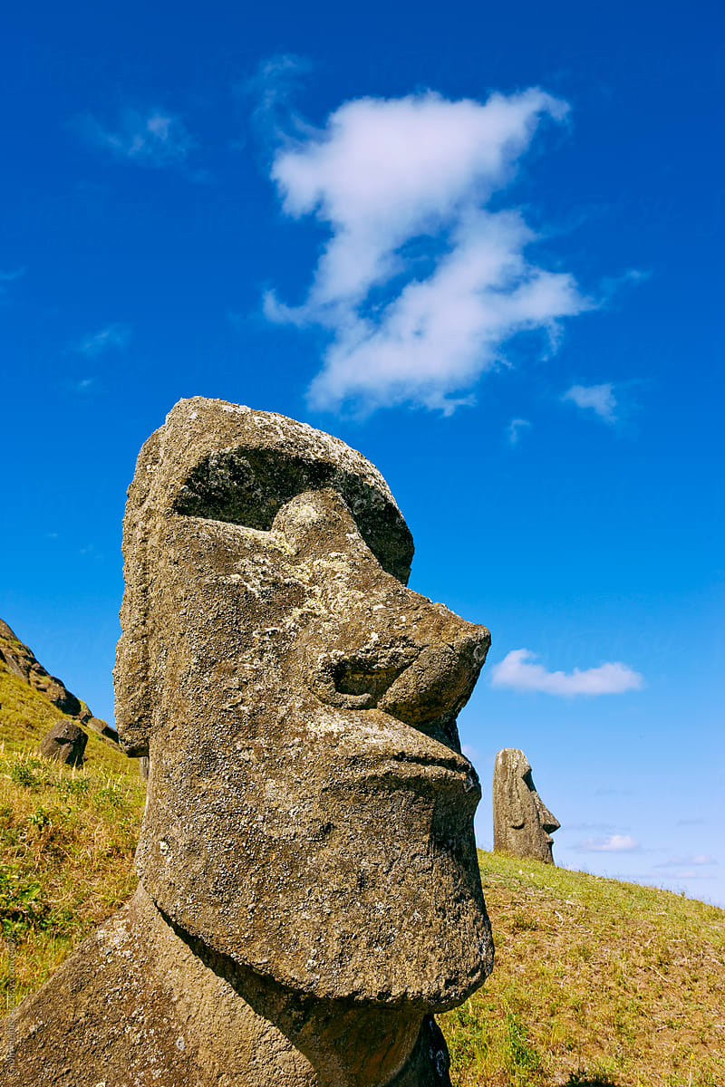 South America, Chile, Rapa Nui, Easter Island, giant monolithic stone Maoi statues at Rano Raraku