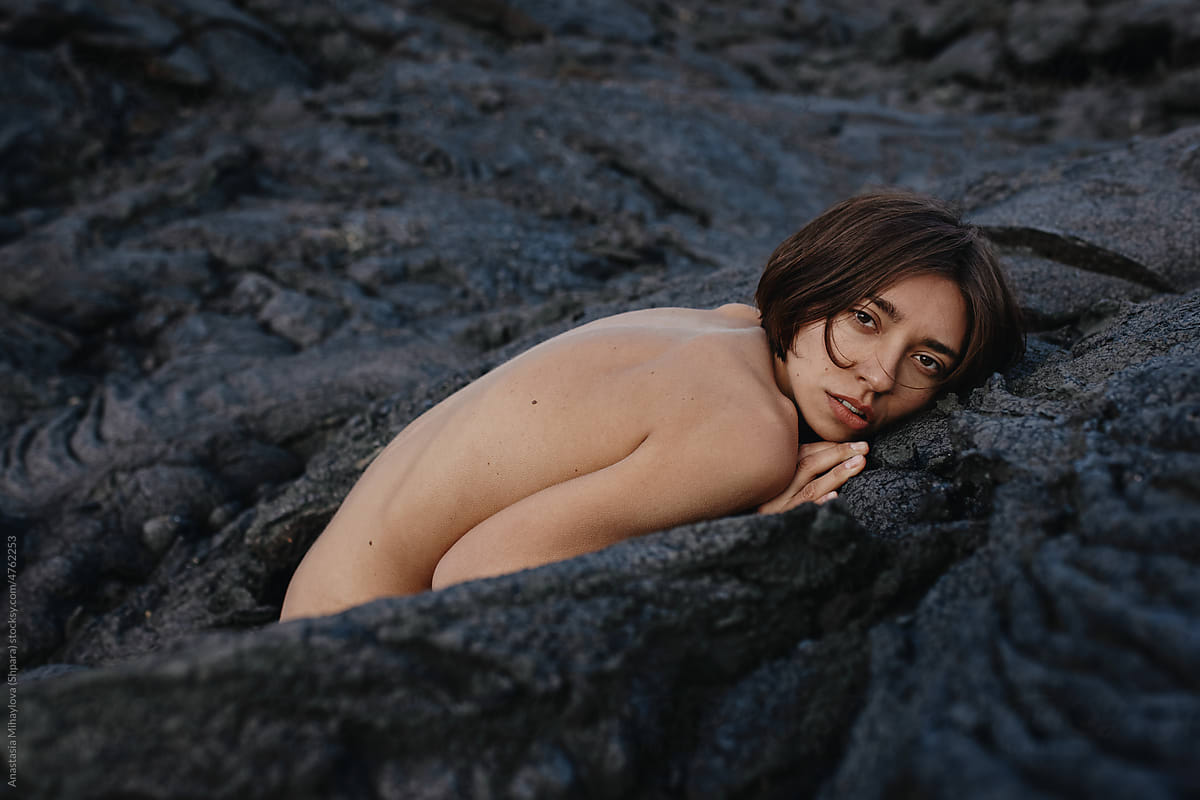 Close up Woman\'s portrait on Lava Field