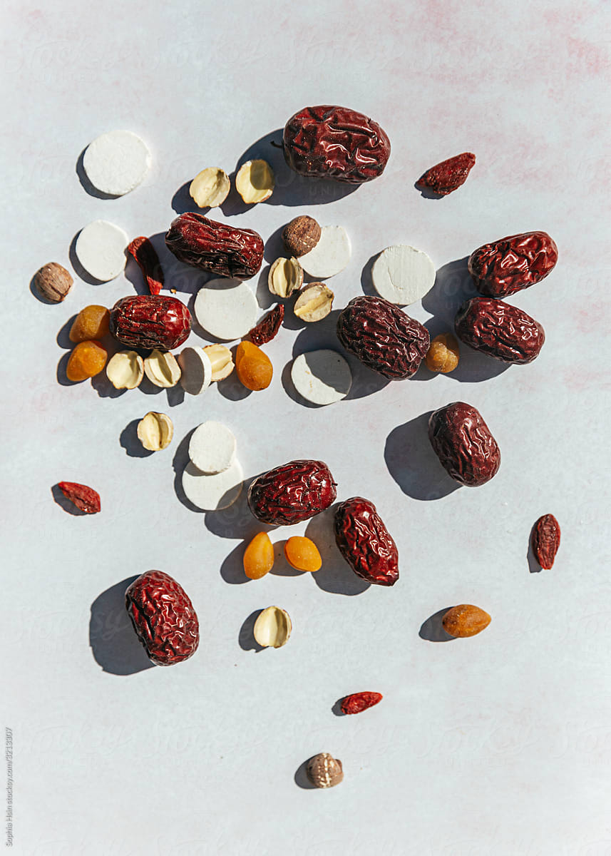 Dried chinese herbs dates, goji berry, dried roots