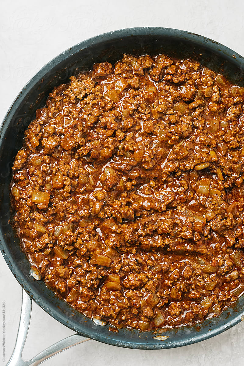 Skillet of ground beef taco meat