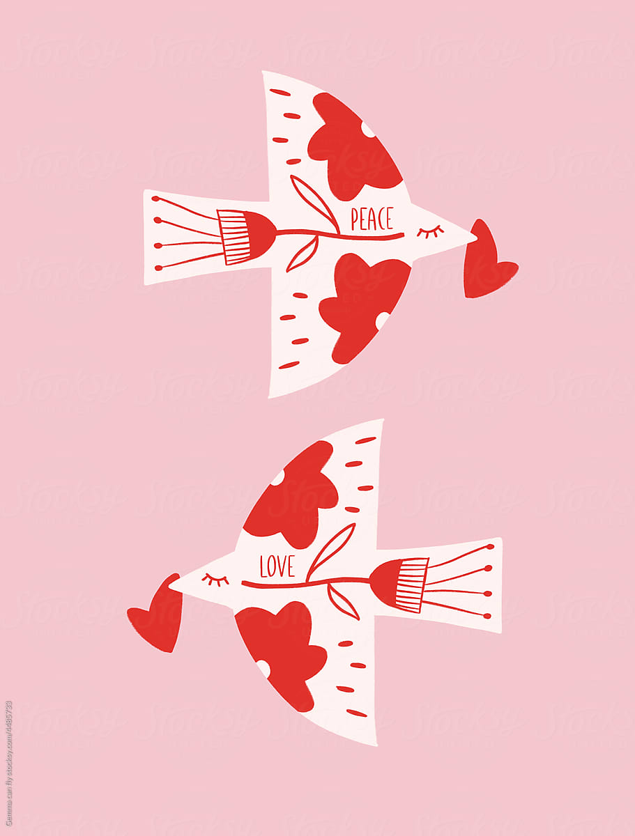 Peace bird against war on red and pink illustration