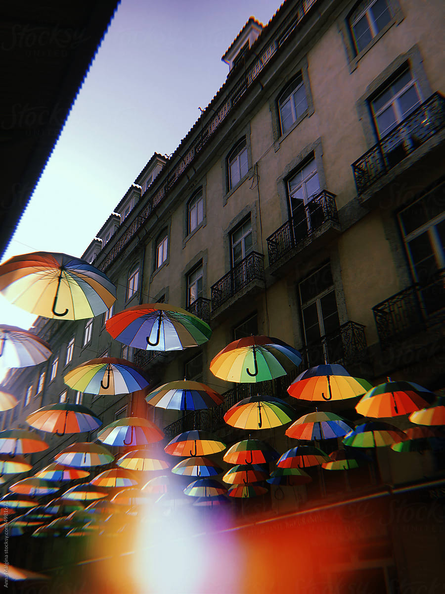 Rainbow coloured Umbrellas on Lisbon street