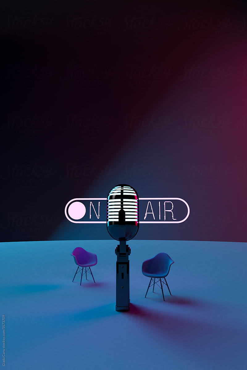 on air neon sign and vintage microphone
