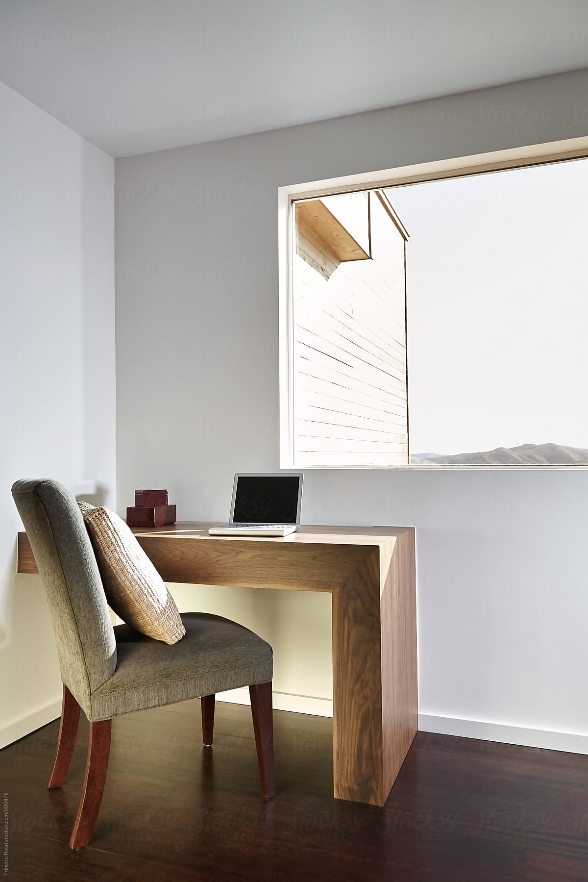 Desk with computer in luxury modern design home