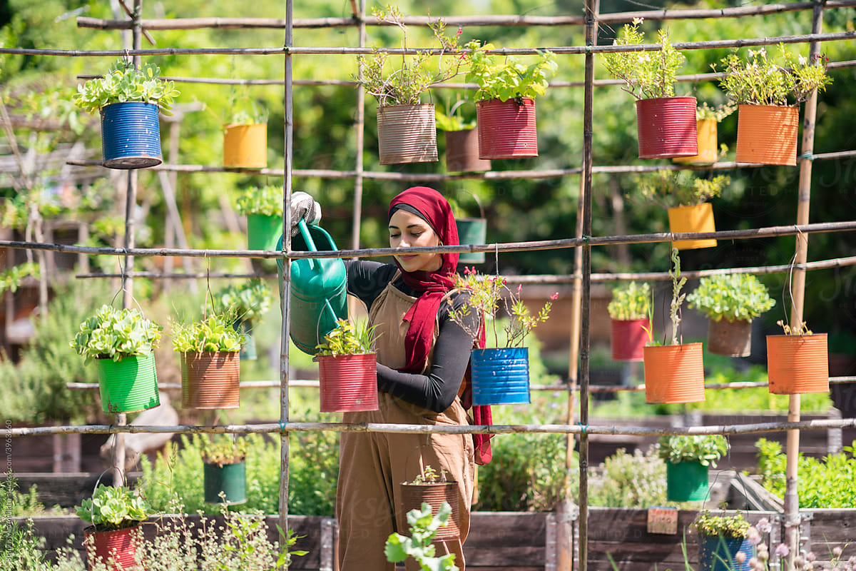Muslim woman watering potted plants in summer garden