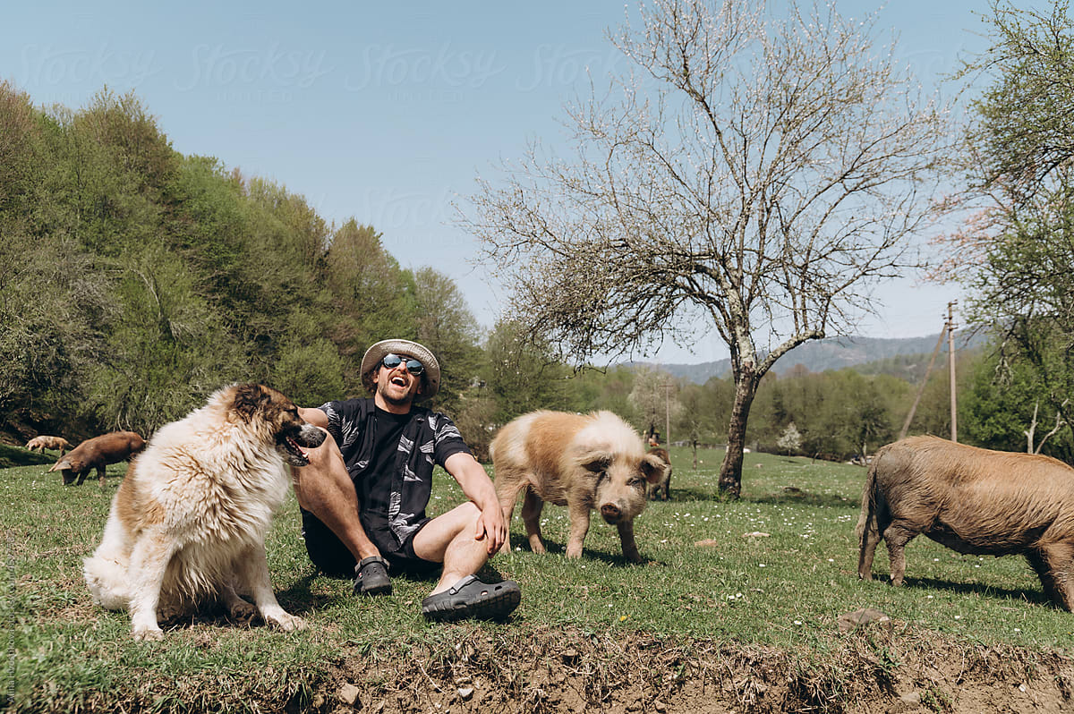 Smiling man near dog and pig in countryside