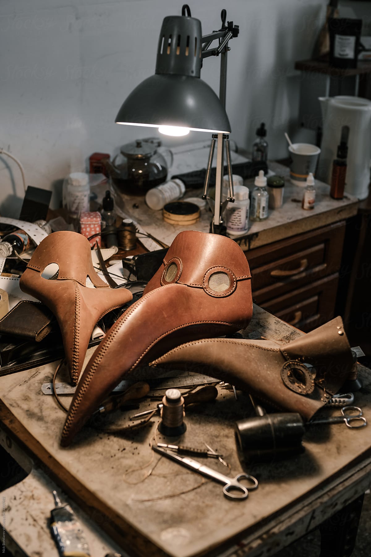 Plague Doctor Masks and tools at manufacture of craft leather products