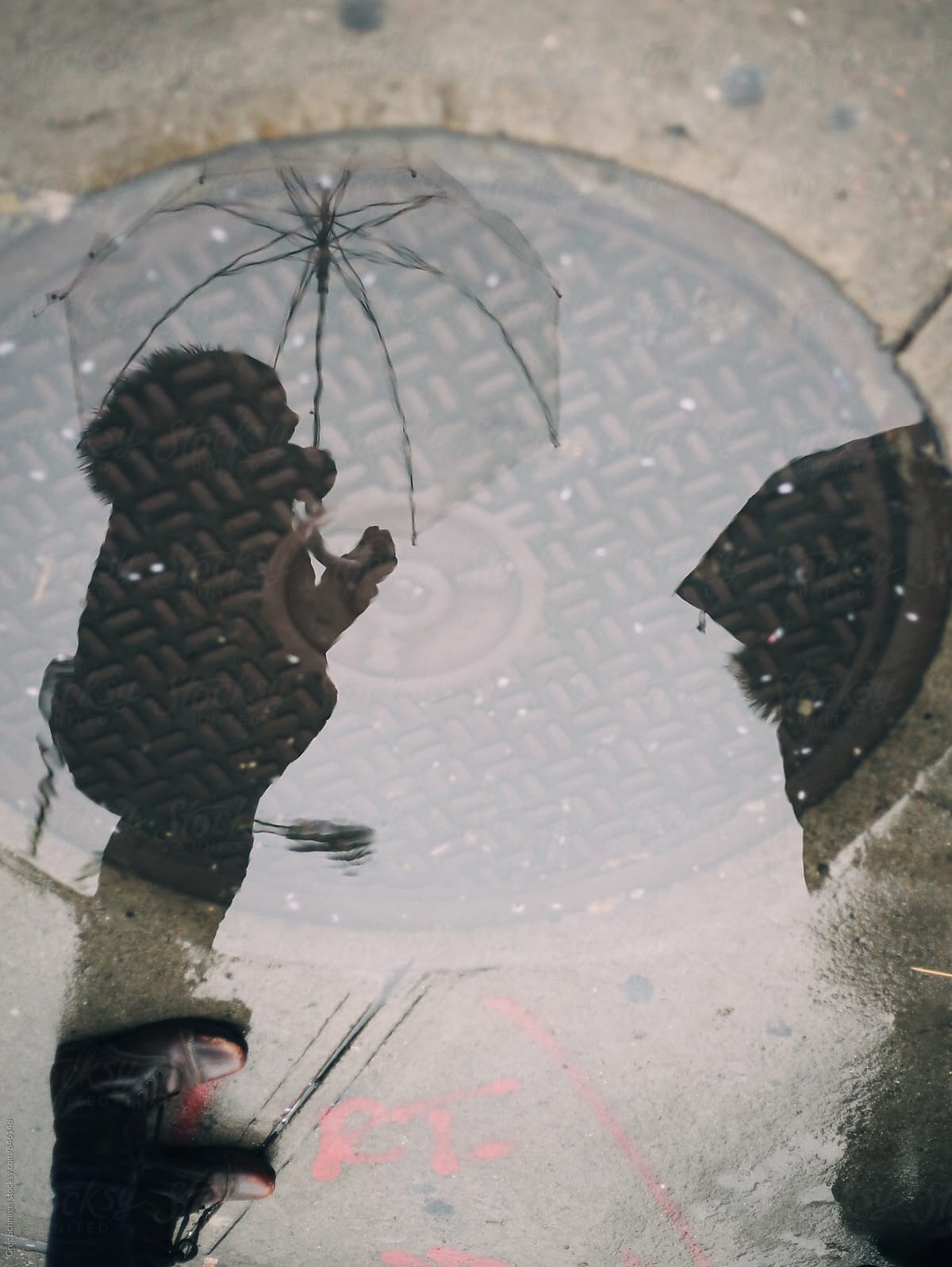 A Reflection Of A Person Holding An Umbrella On A Rainy City Sidewalk Del Colaborador De