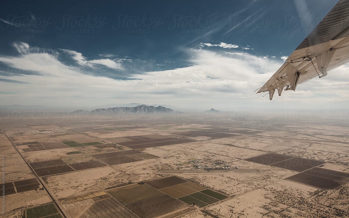 Aerial view of Eloy/Arizona while climbing in a Twin Otter for skydiving