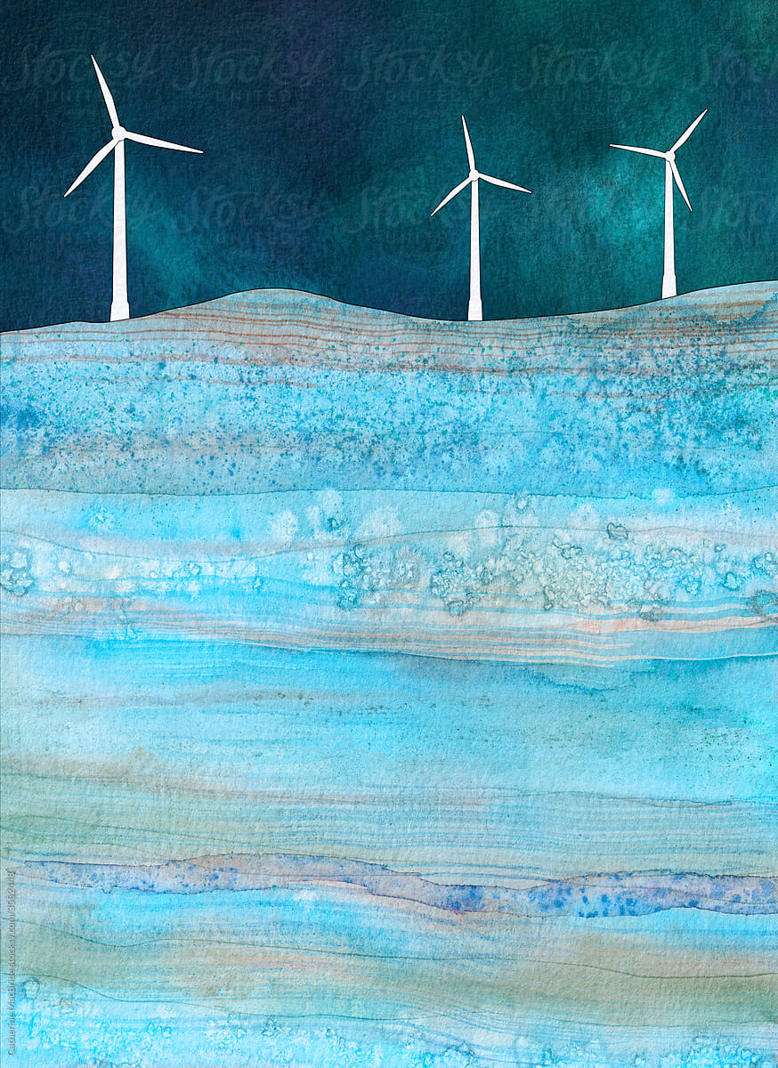 Wind Farm, a watercolor collage