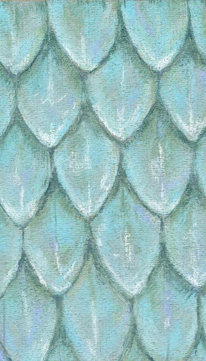 Original hand drawn light blue pattern of scales made with soft pastel