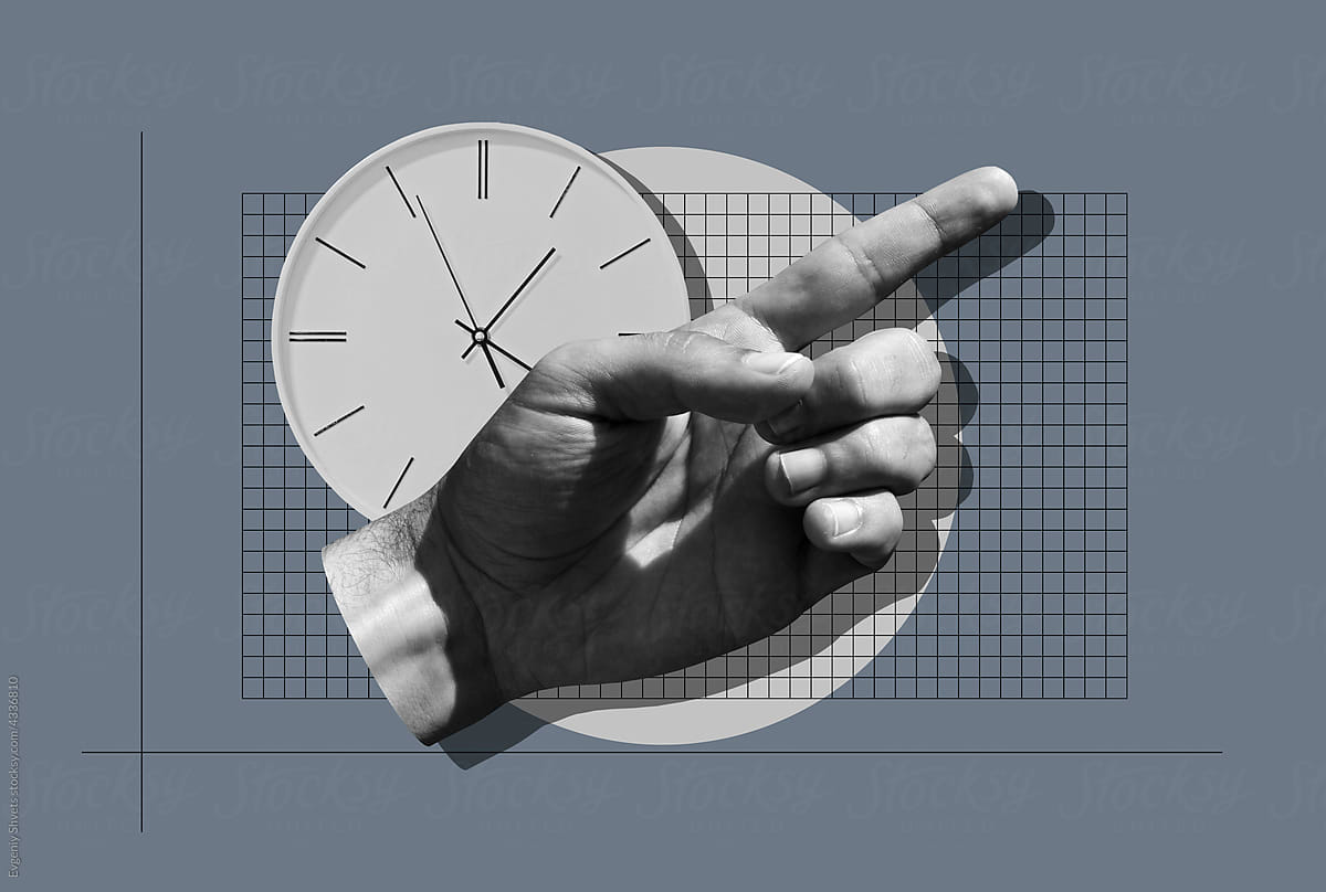 Digital collage Hand With Index Finger And Clock