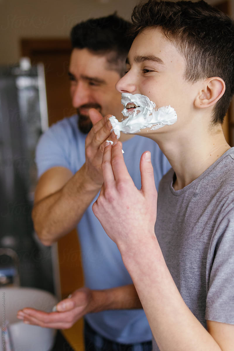 Joke beard shaving cream dad son amusement adolescence