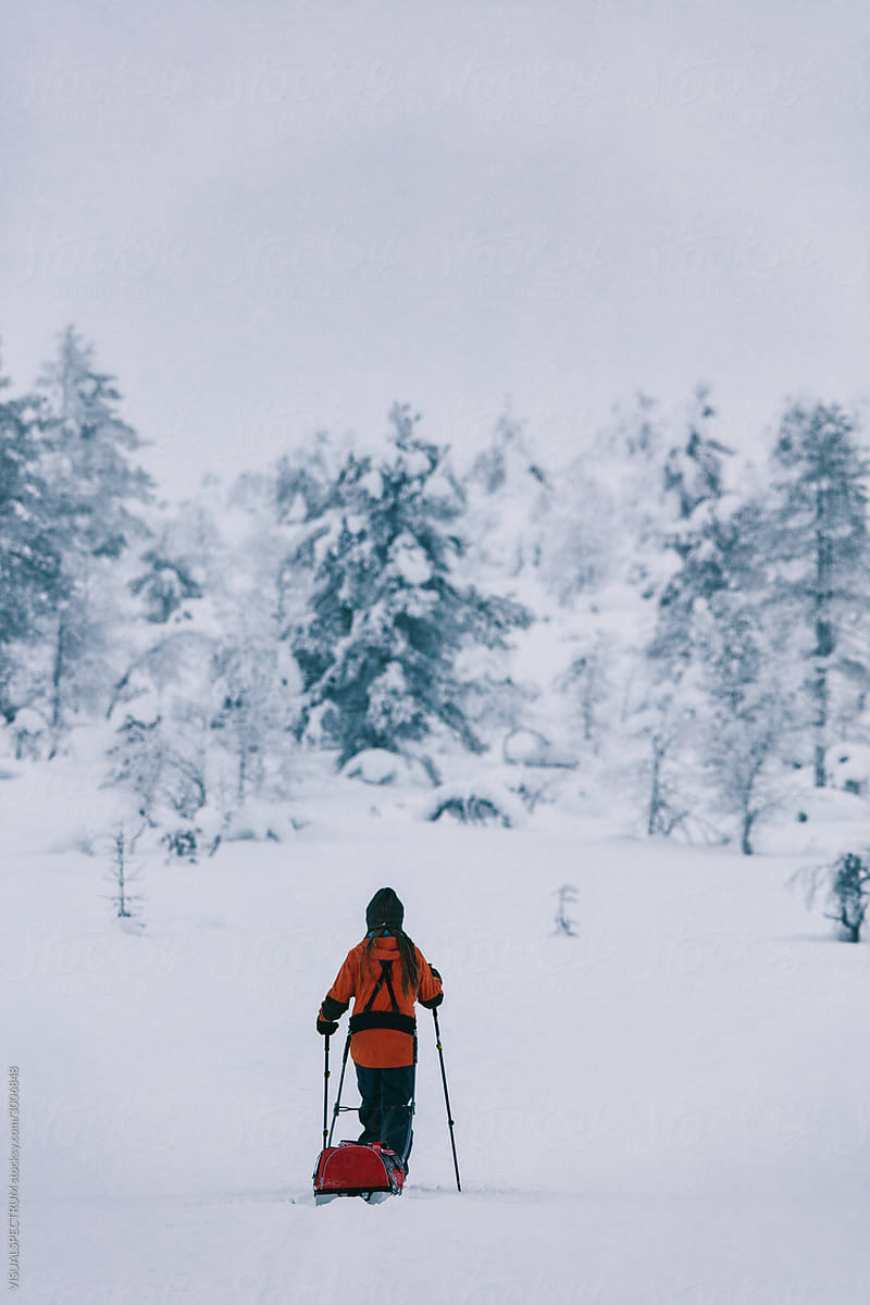 Adventurer Pulling Sled Through Winter Landscape