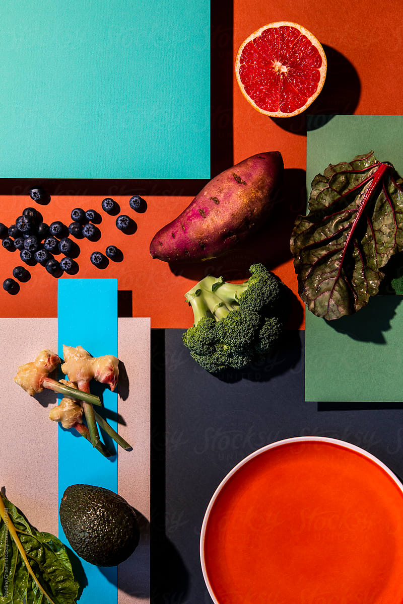 Fresh food ingredients abstract color blocking